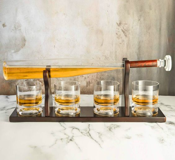 Baseball Bat Decanter with 4 Baseball Whiskey Glasses and stand - 750ML - Skyborn