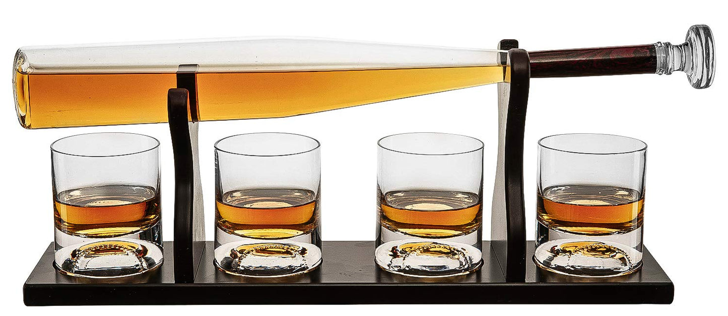 Baseball Bat Decanter with 4 Baseball Whiskey Glasses and stand - 750ML - Skyborn