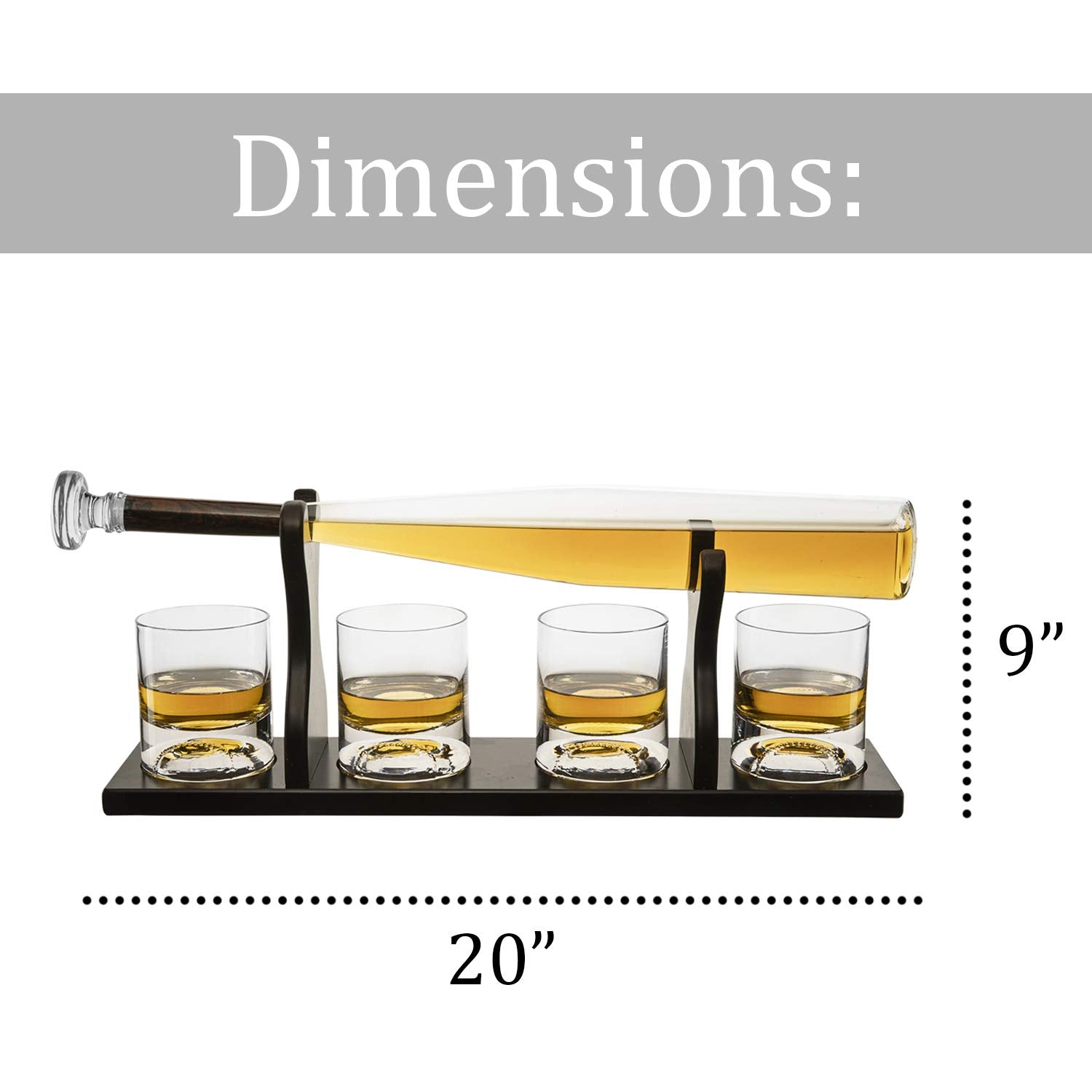 Baseball Bat Decanter with 4 Baseball Whiskey Glasses and stand - 750ML - Skyborn