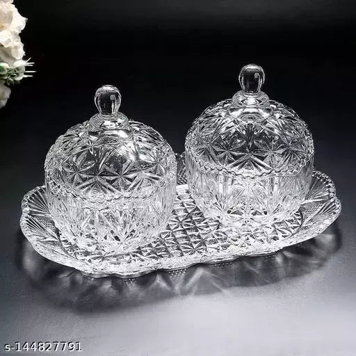 Decorative Designer Crystal Platter with 2 Bowls 500ml